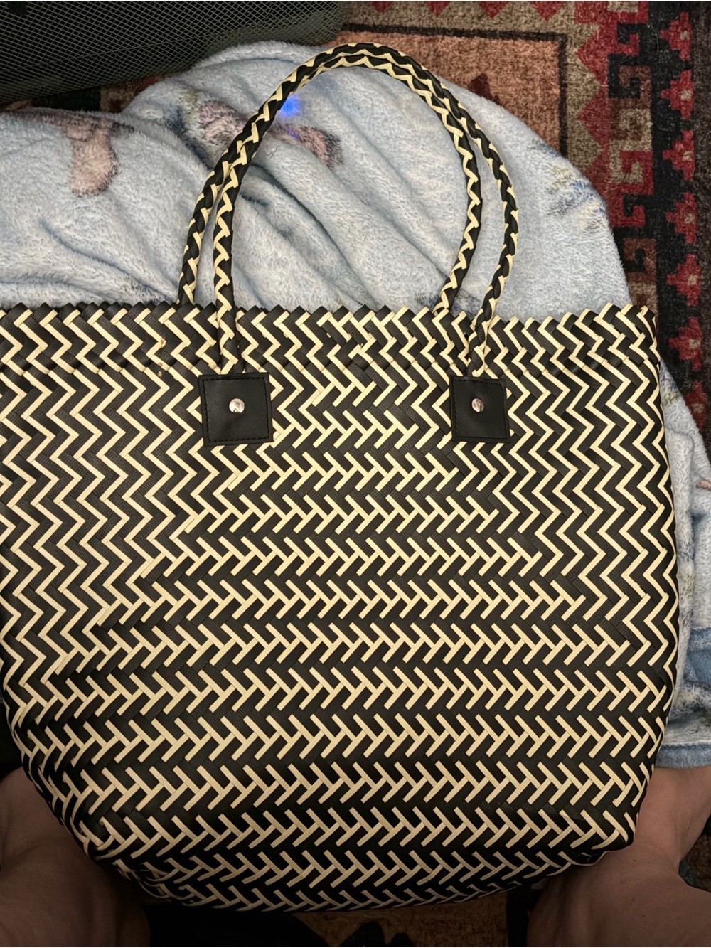 Black & Cream Woven Tote Bag with Braided Handles